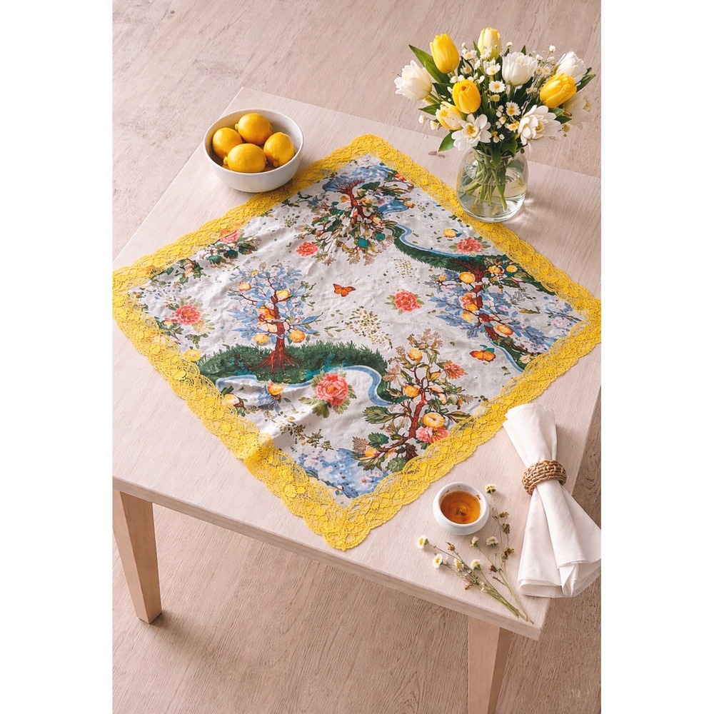 Botanical Lemon Tree Butterfly Satin Square Scarf‎ Neon Yellow Lace Trim Trim